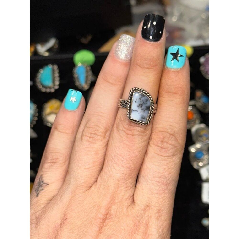 Dendritic Agate Sterling Silver Overlay Ring Size 7